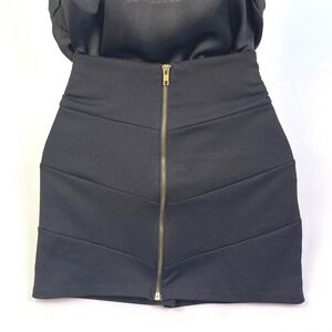 Bjewel Black Mini Skirt Gold Front Zip Chevron Tiered Bodycon Stretch Sz M